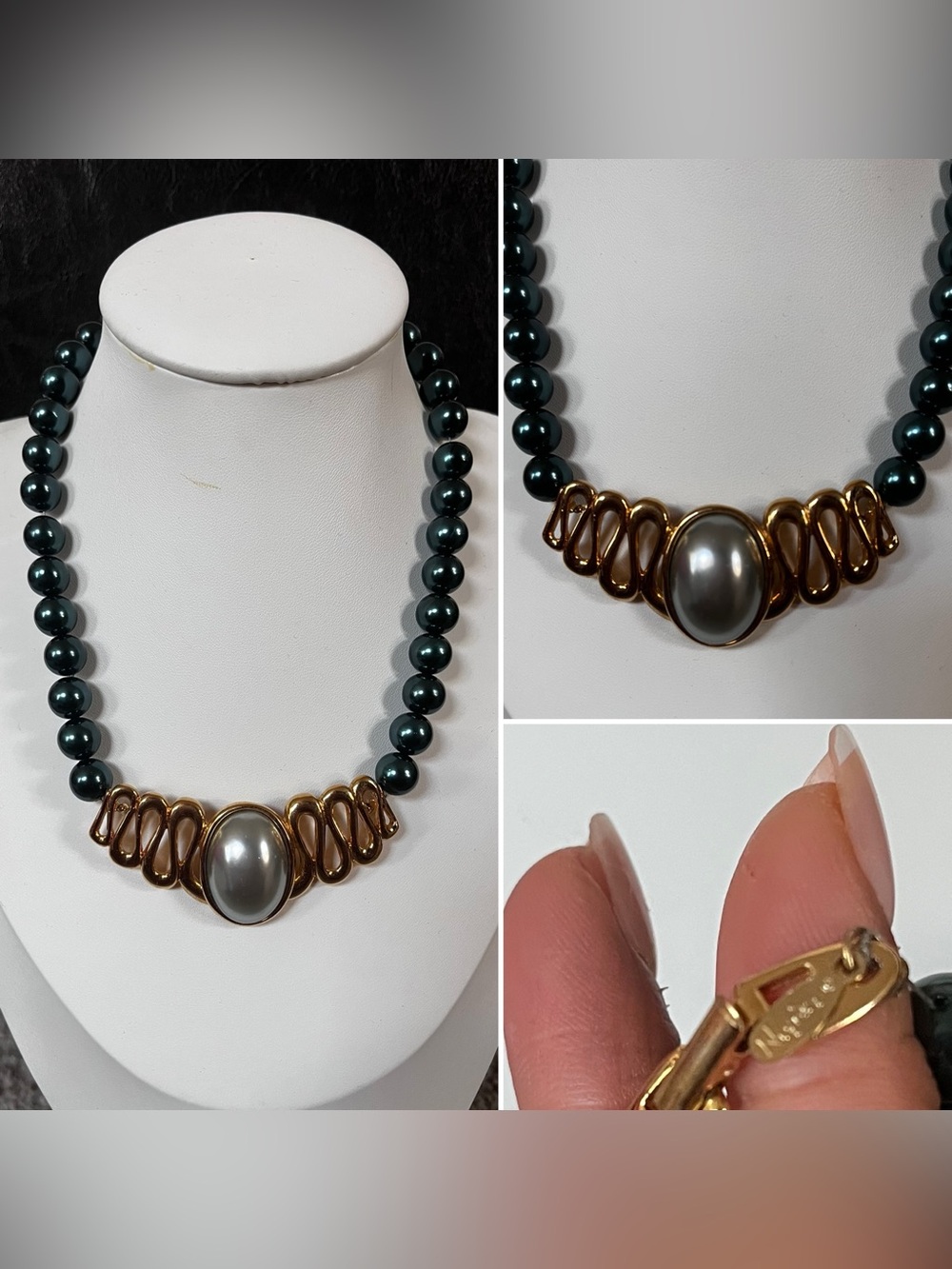 Vintage Napier Pearl Accent Blue Bead Necklace with Gold-Tone Statement Center